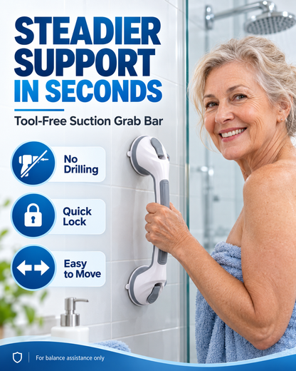 ⏳Limited-time 50% off⏰Suction Cup Grab Bar – Tool-Free No-Drill Install on Tile & Glass, Strong Vacuum Hold, Removable & Reusable – Extra Balance Support for Bathroom Safety 🔒🚿