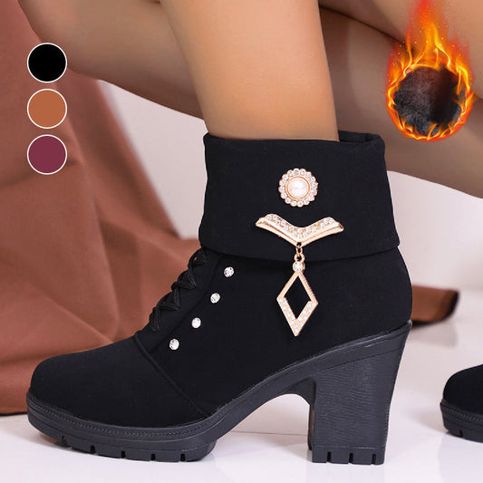 ⏳Time-limited Special⏰Women's Chunky Heeled Ankle Boots with Rhinestone Decor👠