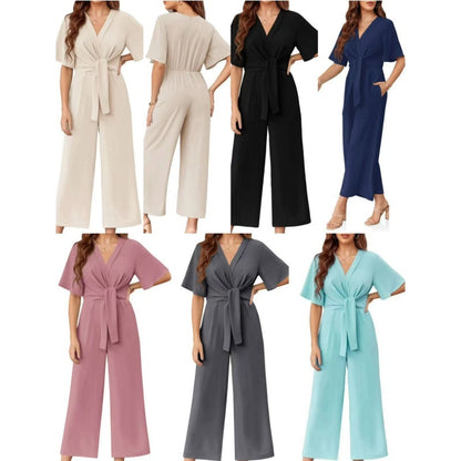 ⏳Limited-time 50% off⏰Women's Elegant V-Neck Wide Leg Waist Tie Jumpsuit👚👖👗