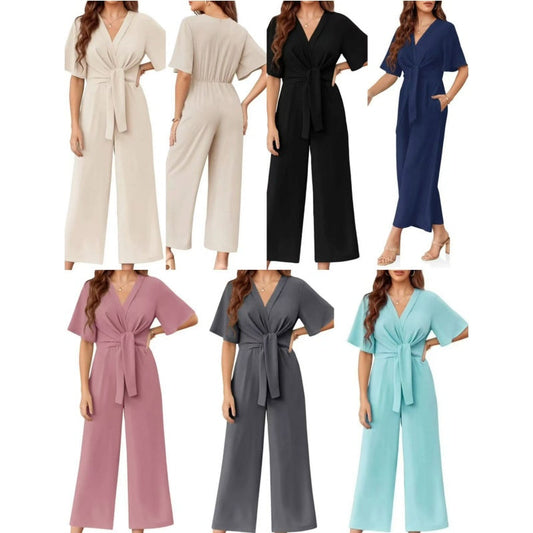 ⏳Limited-time 50% off⏰Women's Elegant V-Neck Wide Leg Waist Tie Jumpsuit👚👖👗