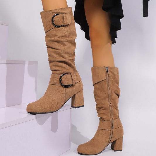 ⏳Limited-time 50% off⏰Women's Suede Mid-Calf Boots with Buckle Detail👢