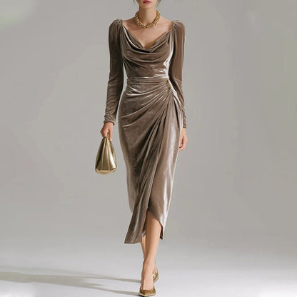 ⏳Limited-time 50% off⏰Long Sleeve Cowl Neck Bodycon Dress with Thigh Slit👗