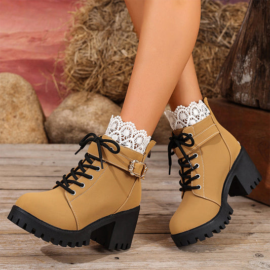 ⏳Limited-time 50% off⏰Lace Trim Chunky Heel Ankle Boots👢