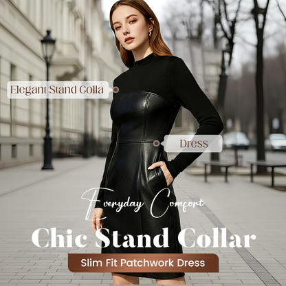 ⏳Limited-time 50% off⏰Chic Stand Collar Slim Fit Patchwork Dress👗