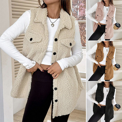 ⏳Limited-time 50% off⏰Women's Warm Fuzzy Long Button-Up Collar Vest🧥