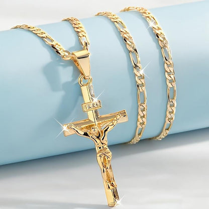 ✝️ 50% OFF NOW! ✨ Gold Crucifix Necklace – Detailed INRI Motif, Adjustable Figaro Chain & Hypoallergenic Finish 💛