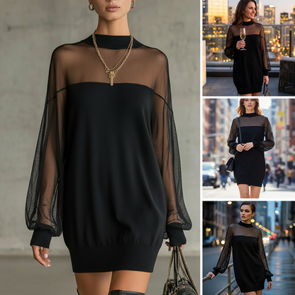 ⏳Limited-time 40% off⏰Sheer Mesh Mock Neck Mini Dress👗
