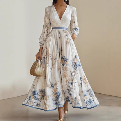 ⏳Limited-time 50% off⏰Elegant V-Neck Floral Pleated Maxi Dress👗