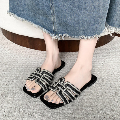 ⏳Limited-time 50% off⏰Women's Geometric Rhinestone Square Toe Flat Slides💎👡