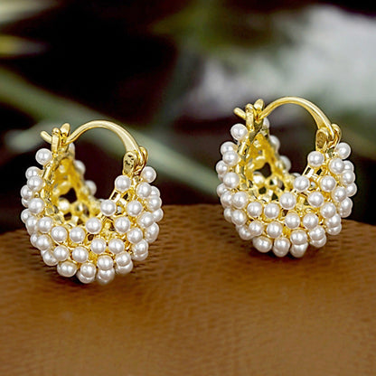 ⏳Limited-time 50% off⏰Faux Pearl Basket Hoop Earrings – Gold Tone, Unique Weave, Classic Elegance👂📿