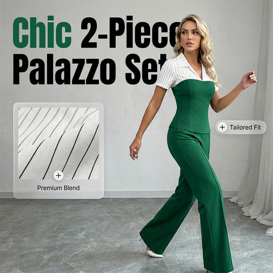 ⏳Limited-time 50% off⏰Elegant Striped Lapel Tee & Palazzo Pants 2-Piece Set👔👖