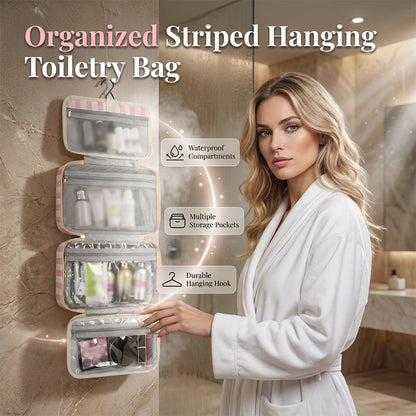 🧳 LIMITED-TIME 50% OFF! ✨ Striped Hanging Travel Toiletry Bag – 4 Compartments, Water-Resistant, Foldable 🚿