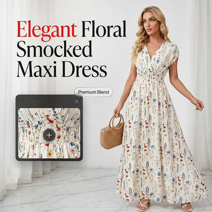 ⏳Limited-time 50% off⏰Women's Floral V-Neck Smocked Waist Maxi Dress💐👗
