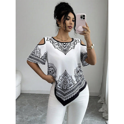 ⏳Limited-time 50% off⏰Boho Chic Cold Shoulder Top Irregular Hem Short Sleeve Tee👚