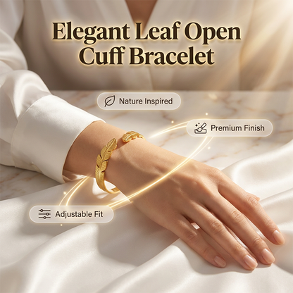 ⏳Limited-time 50% off⏰18K Gold Plated Leaf Open Cuff Bracelet | Adjustable Stainless Steel Nature Bangle for Women🫶