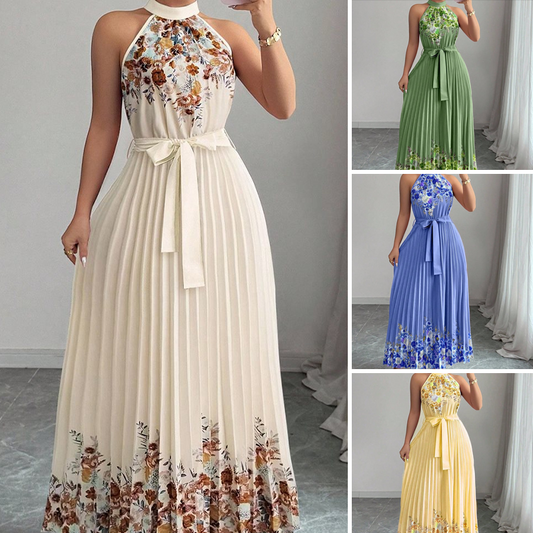 ⏳Limited-time 50% off⏰Sleeveless Halter Neck Floral Pleated Maxi Dress💐👗
