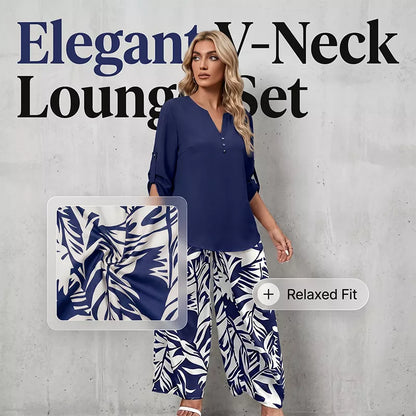 ⏳Limited-time 50% off⏰Women's V-Neck Top & Print Wide-Leg Pants Set👚👖