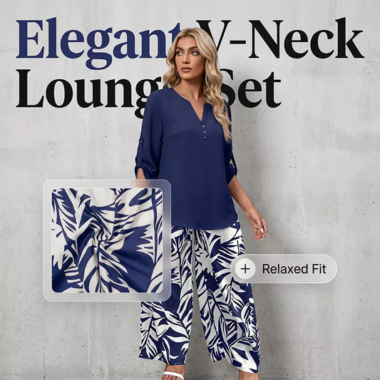 ⏳Limited-time 50% off⏰Women's V-Neck Top & Print Wide-Leg Pants Set👚👖