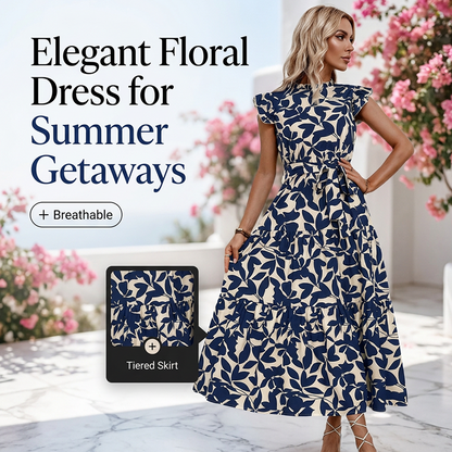 ⏳Limited-time 50% off⏰Women’s Summer Ruffled Flutter Sleeve Tie Waist Floral Midi Dress🌿👗