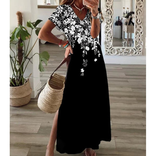 ⏳Limited-time 50% off⏰Women's V-Neck Floral Print Dress with Side Slit Hem👗