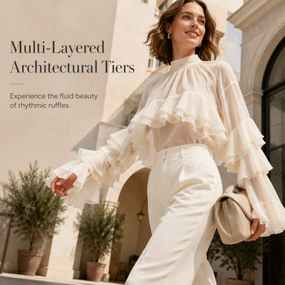 ⏳Limited-time 50% off⏰Sheer Mock Neck Blouse – Ruffled Sleeve Elegance👚🌸