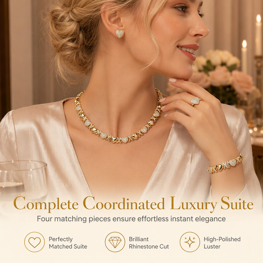 ⏳Limited-time 50% off⏰Gold Plated Heart Shaped Rhinestone Jewelry 4-Piece Set with Necklace Earrings Bracelet and Ring💎❤️