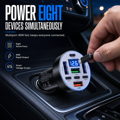 ⏳Limited-time 50% off⏰40W 8 in 1 Fast Car Adapter with Digital Voltage Display 4 USB and 4 PD Ports🚗⚡️