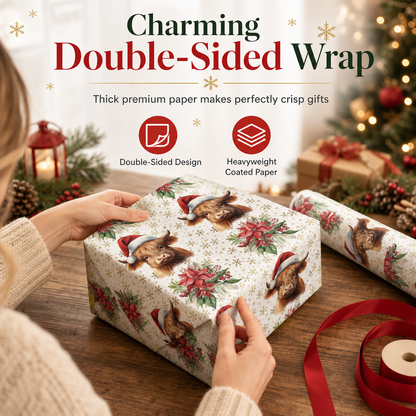 ⏳Limited-time 50% off⏰Christmas Highland Cow and Floral Gift Wrapping Paper Roll (43x500cm) | Holiday Present Wrap🐮🎁