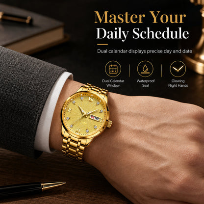 Men's Fashion Watch with Day Date Display Waterproof Luminous Hands and Alloy Steel Band