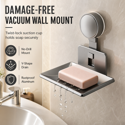 ⏳Limited-time 50% off⏰Vacuum Suction Soap Dish: V-Shaped Drainage, Rustproof Aluminum, No Drilling, Twist-Lock🧼