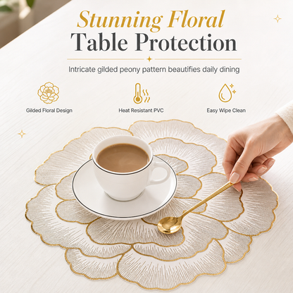 ⏳Limited-time 50% off⏰Nordic Style Metallic Peony Flower PVC Placemat | Heat Resistant Non Slip Waterproof Dining Table Mat🍽️💛🌹