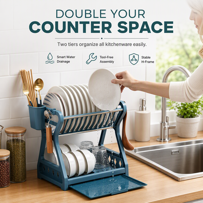 ⏳Limited-time 50% off⏰Multi-Layer Steel Dish Drying Rack – Vertical Storage, Drip Tray, Tool-Free Install 🍽️