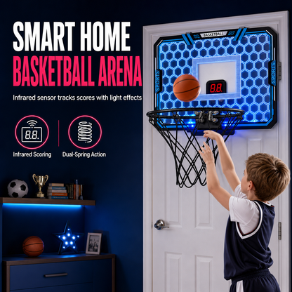 ⏳Limited-time 50% off⏰Kids Indoor Basketball Hoop with LED Lights & Electronic Scoring – Hanging Foldable Basketball Goal with 16cm Ball🏀