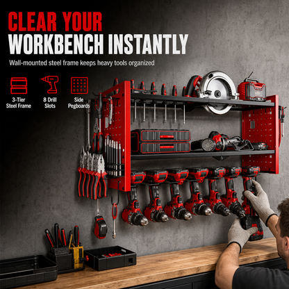 🛠️ Heavy-Duty Wall-Mounted Tool Rack: Steel, Side Pegboards, Vented Mesh, Red